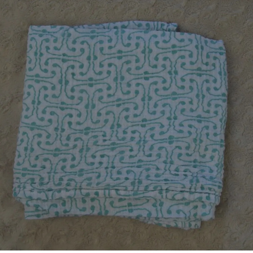 Bebe au Lait Swaddle Blanket Aqua Blue White Dot Line Swirl Print Muslin Cotton